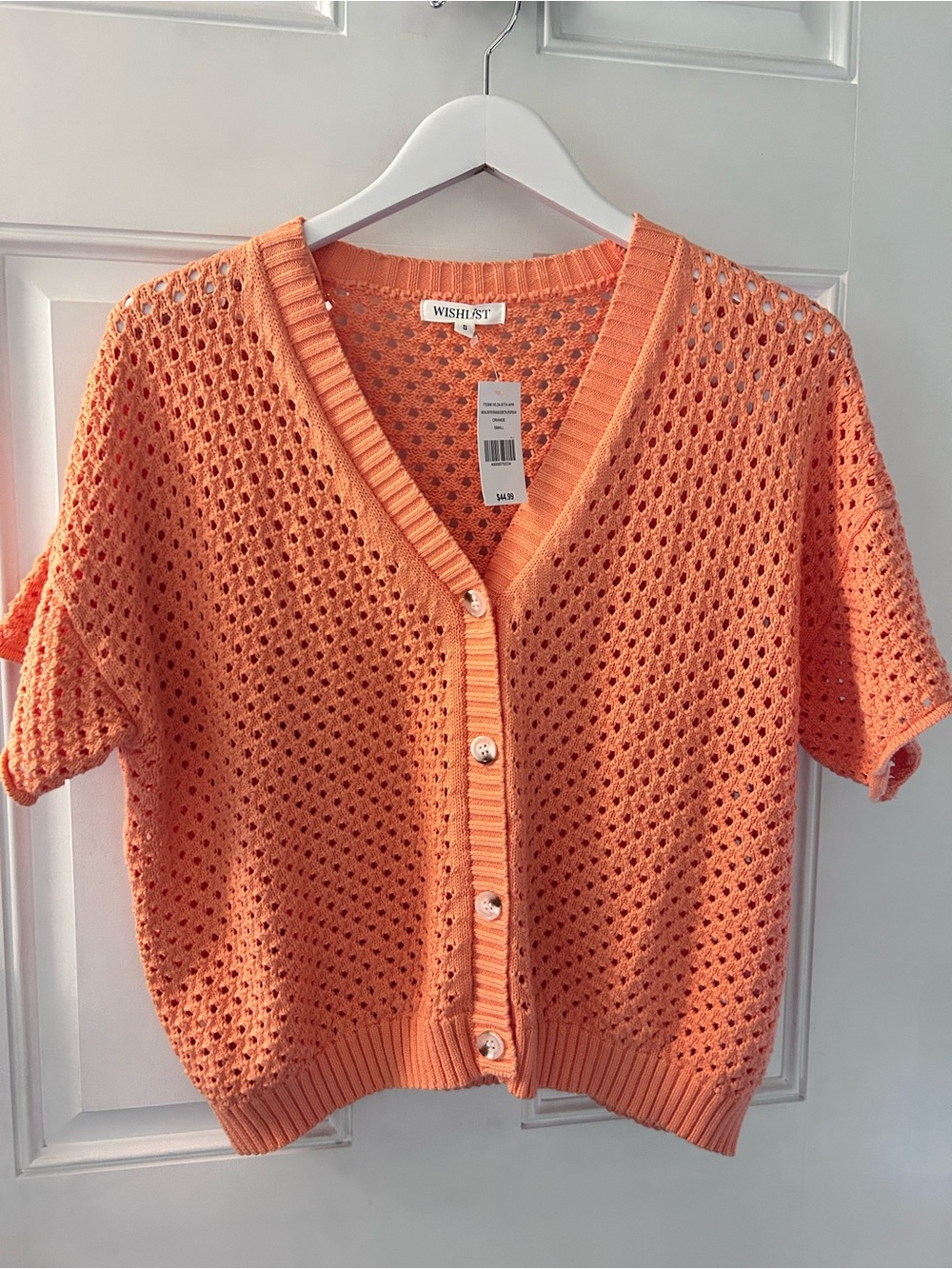 Wishlist Peach-Orange Crochet V-Neck Button Cardigan